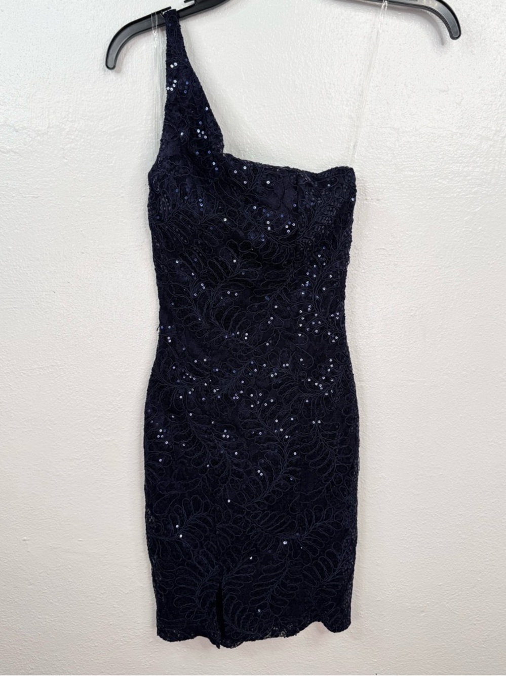 Emerald Sundae Dress Womens XS Navy Blue One Shoulder Lace Sequin Bodycon